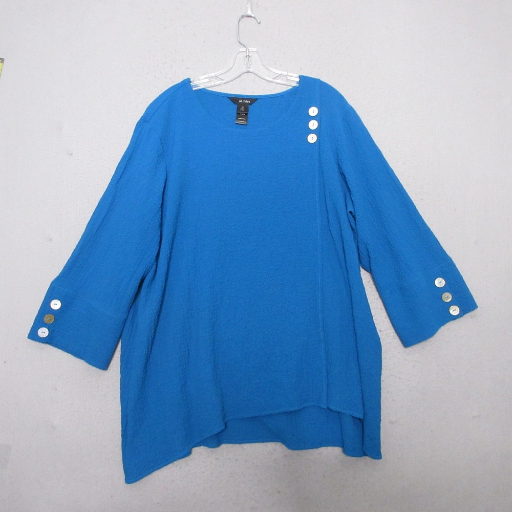 Ali Miles Top Tunic 2X Blue Textured Button Lagenlook Asymmetrical Art to Wear
